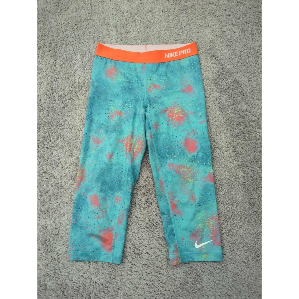 Nike Pro Leggings Womens Small Neon Paint Splatter Low Rise Capri Athletic Gym